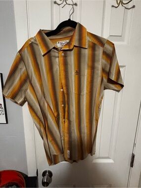Original Penguin Short Sleeve Button-Down Shirt in Mustard, Brown, Gray Stripes